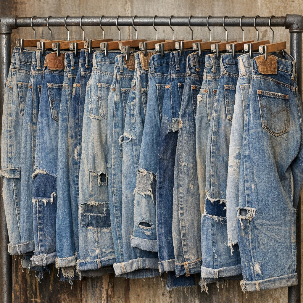 Collection de jeans vintage sur un rack